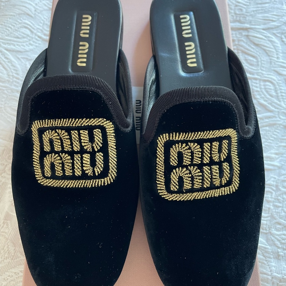Miu Miu black embroidered velvet mules flats